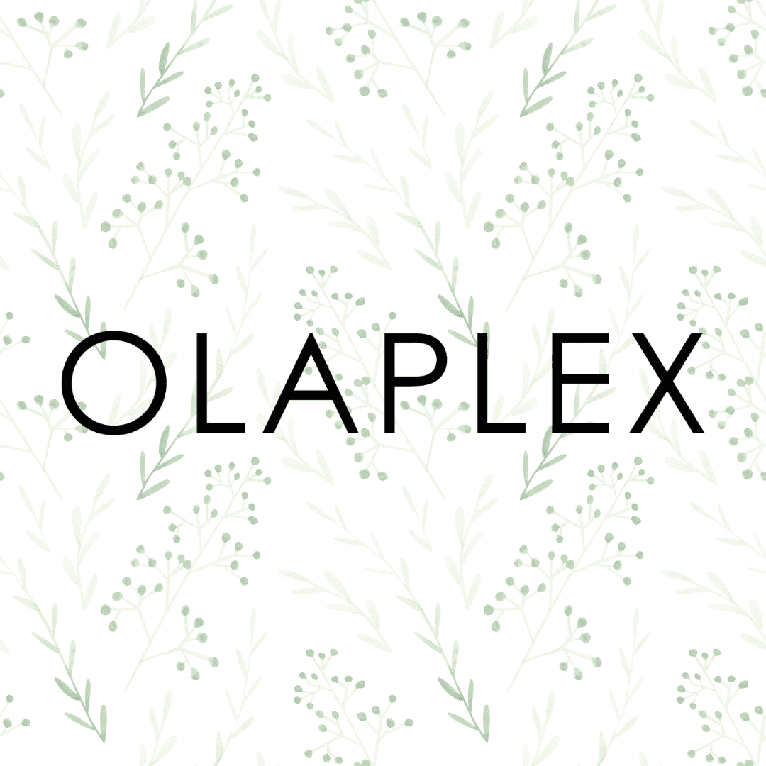 Olaplex logo with a light green botanical background.