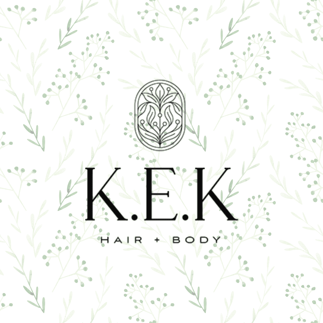 KEK Hair + Body logo with botanical background pattern.