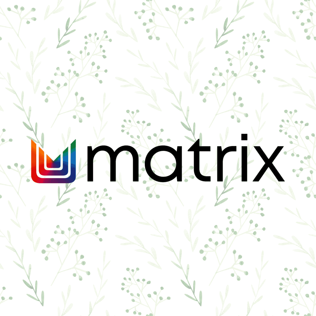 Matrix logo with rainbow colors on a light background featuring a delicate leafy pattern.